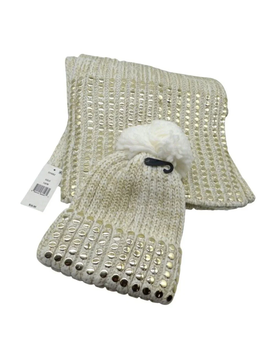 DKNY Flat-Stud Metallic Rib-Knit Scarf and Beanie Combo  Ivory/Gold